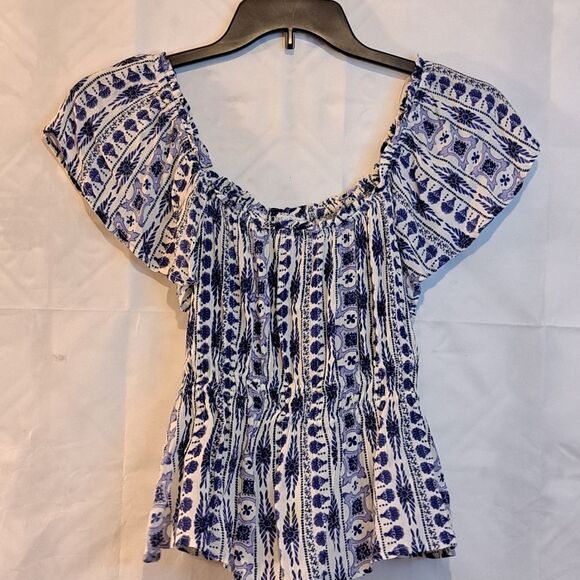 PATRONS OF PEACE BLUE/WHITE COUNTRY BOHO STYLE FLATTER SLEEVE TOP - SZ M NWOT - Picture 3 of 15